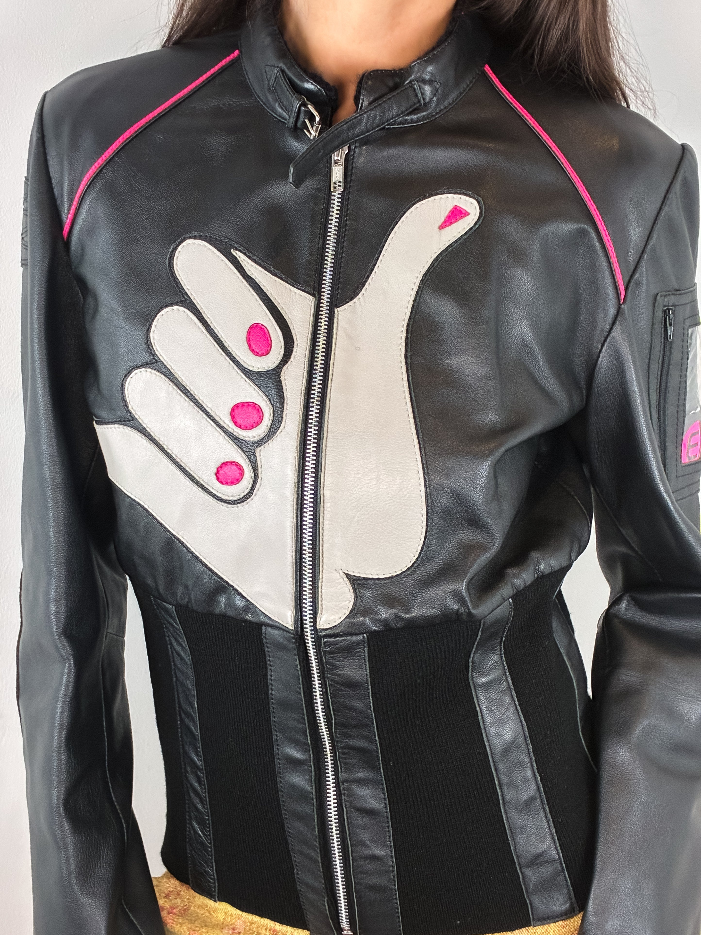 E-Play 2000s Black Leather Shaka Appliqué Moto Jacket - M/L