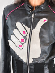 E-Play 2000s Black Leather Shaka Appliqué Moto Jacket - M/L