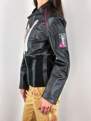 E-Play 2000s Black Leather Shaka Appliqué Moto Jacket - M/L