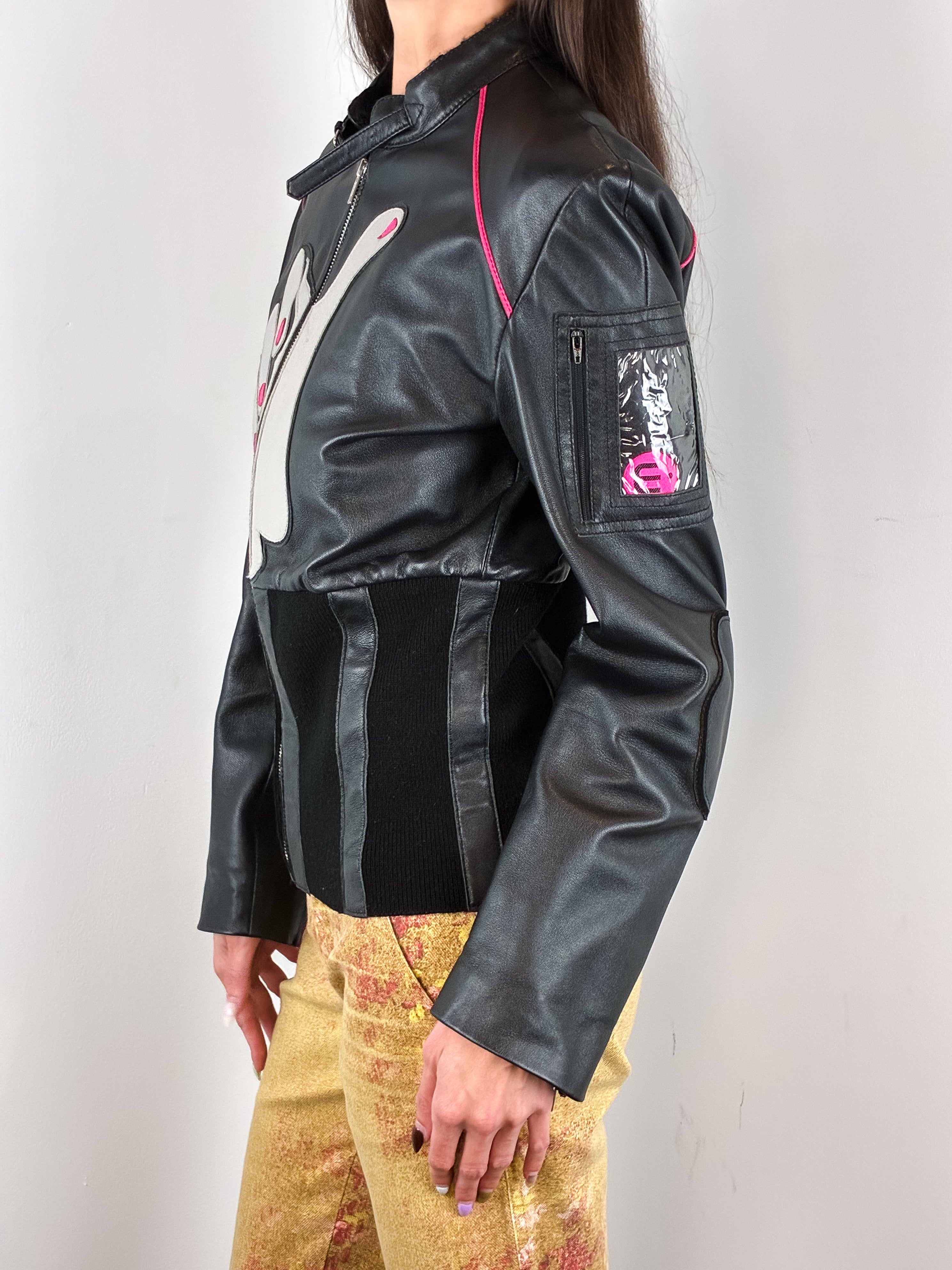 E-Play 2000s Black Leather Shaka Appliqué Moto Jacket - M/L