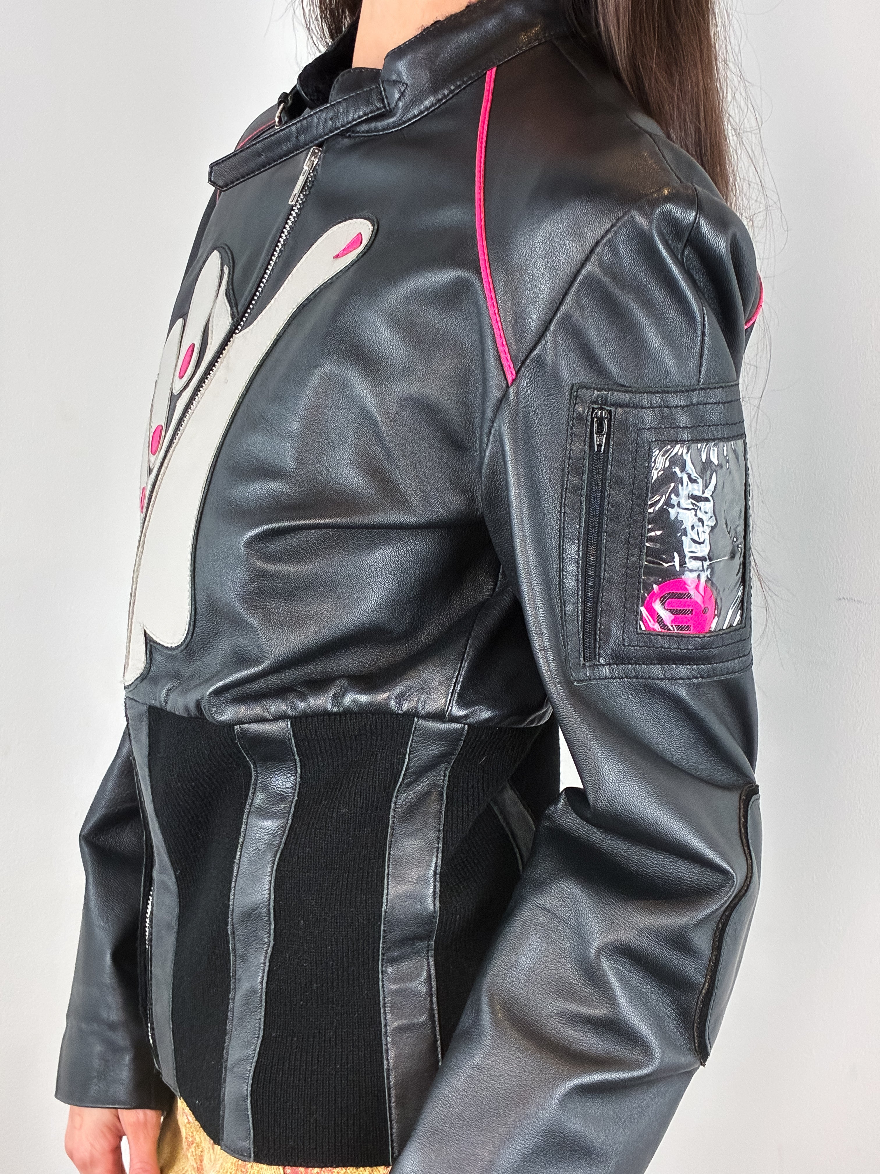 E-Play 2000s Black Leather Shaka Appliqué Moto Jacket - M/L