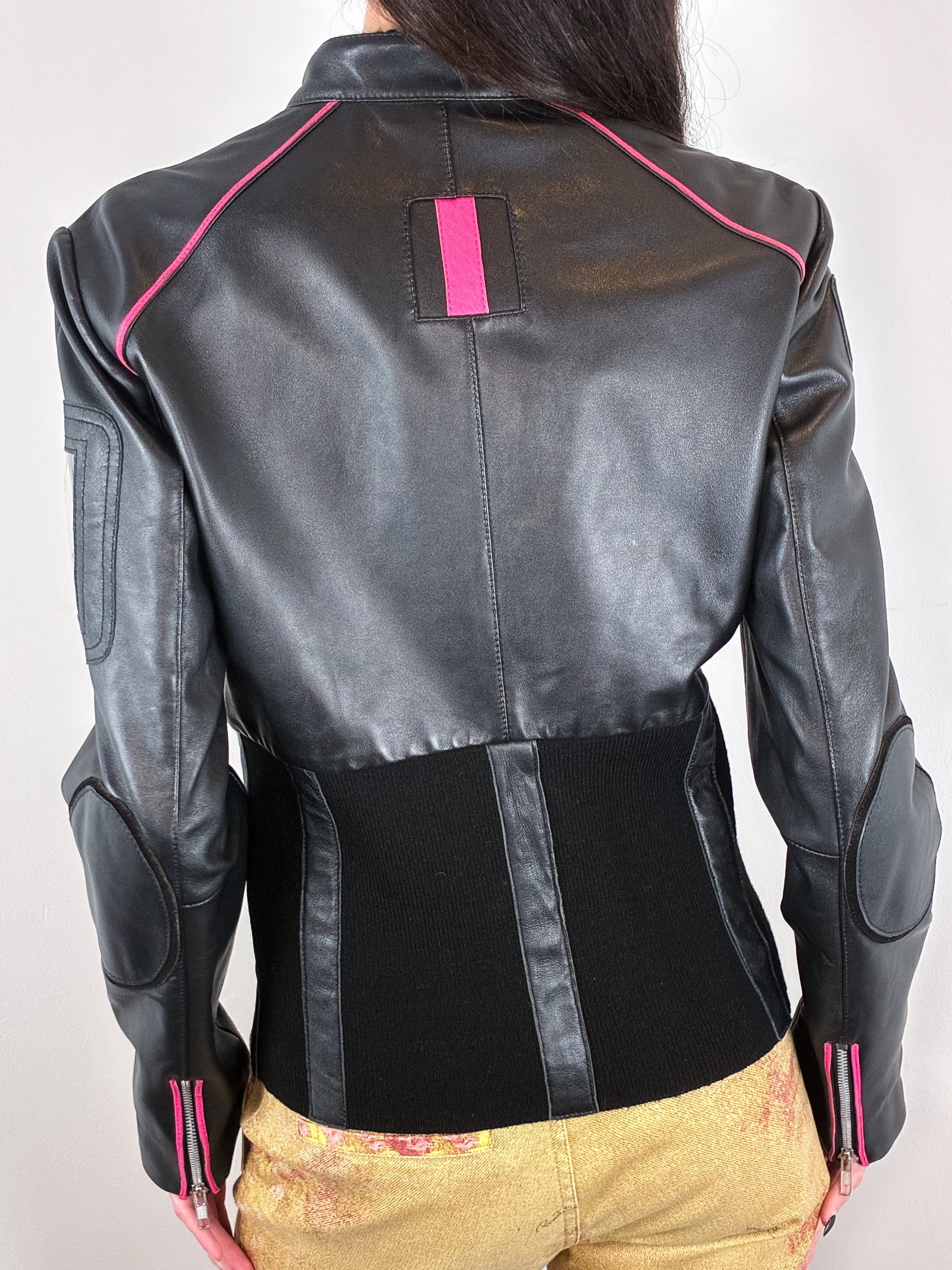 E-Play 2000s Black Leather Shaka Appliqué Moto Jacket - M/L