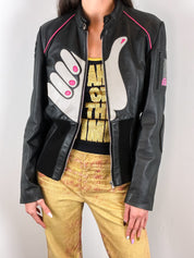 E-Play 2000s Black Leather Shaka Appliqué Moto Jacket - M/L