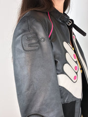 E-Play 2000s Black Leather Shaka Appliqué Moto Jacket - M/L