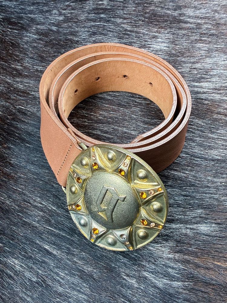 John Galliano 2000s Gold Medallion Leather Belt with Rhinestone Detailing