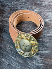 John Galliano 2000s Gold Medallion Leather Belt with Rhinestone Detailing