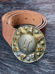 John Galliano 2000s Gold Medallion Leather Belt with Rhinestone Detailing