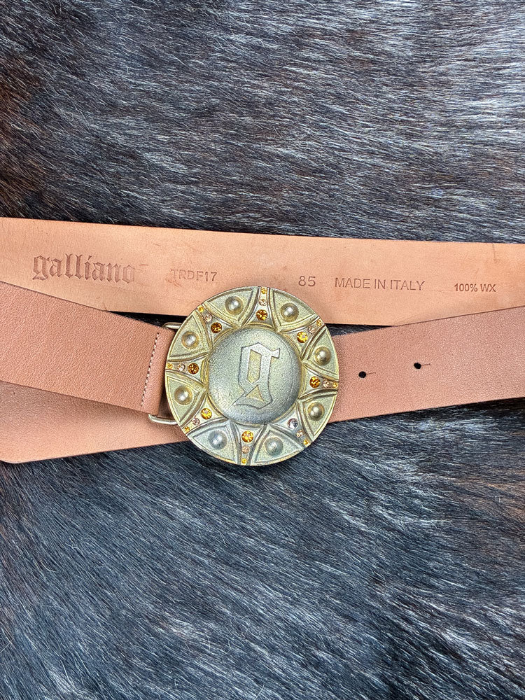 John Galliano 2000s Gold Medallion Leather Belt with Rhinestone Detailing