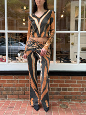 Roberto Cavalli 2002 Tiger Print Velvet Top & Wide Leg Jean Set – Top L / Jeans W32