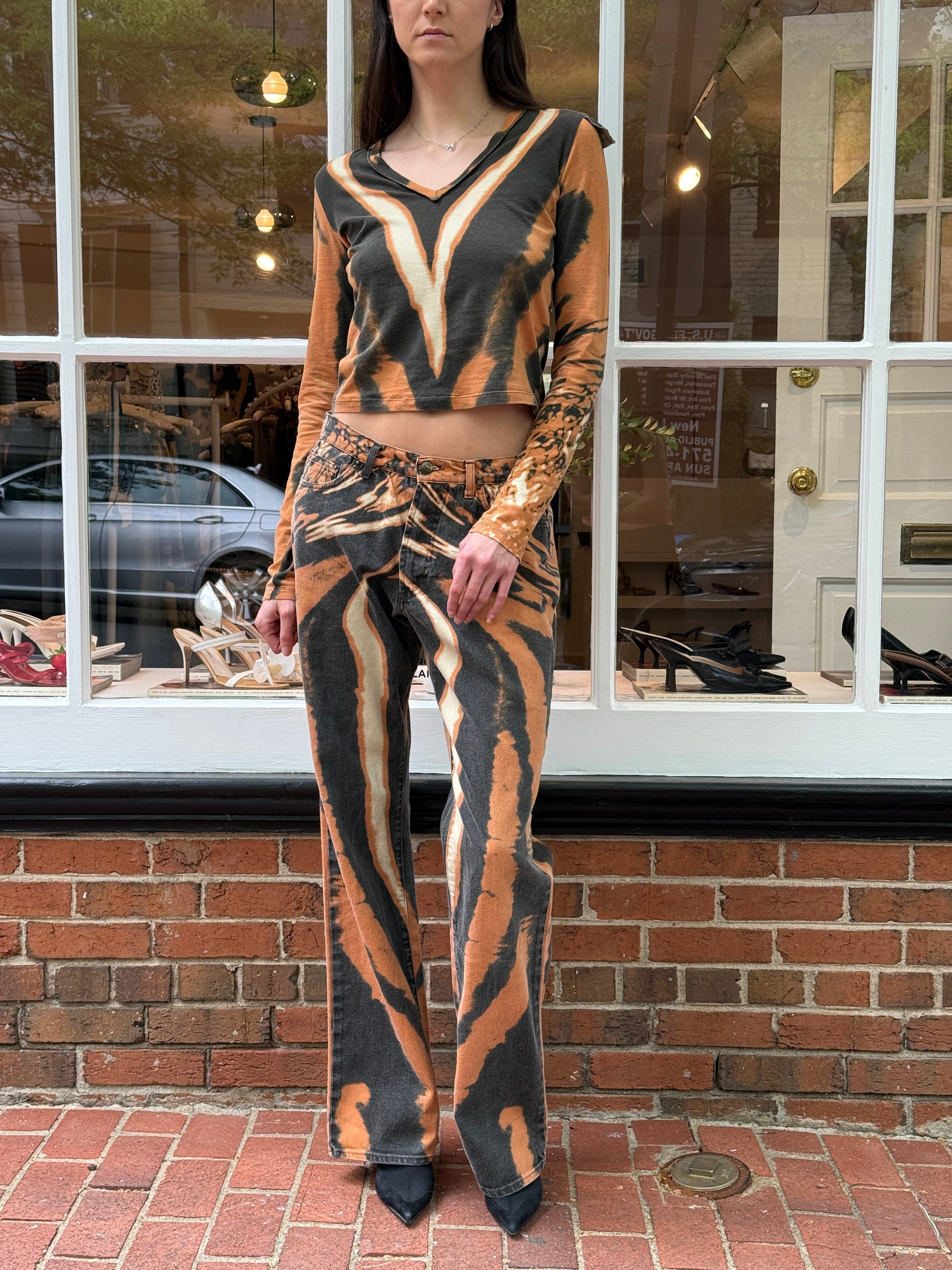 Roberto Cavalli 2002 Tiger Print Velvet Top & Wide Leg Jean Set – Top L / Jeans W32