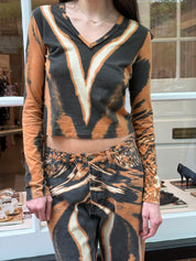 Roberto Cavalli 2002 Tiger Print Velvet Top & Wide Leg Jean Set – Top L / Jeans W32