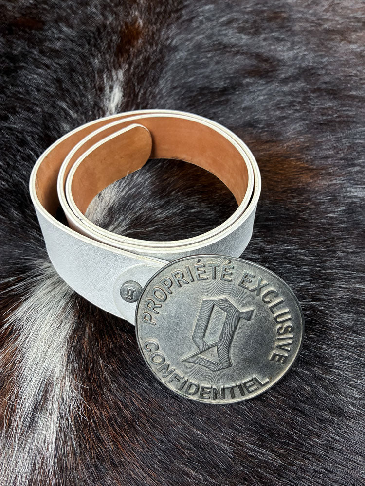 John Galliano 2000s White Leather “Propriété Exclusive Confidentiel” Belt