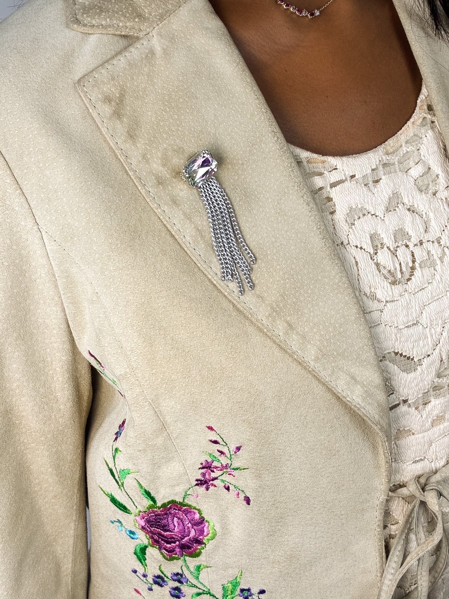 2000s Cream Embroidered Suede Jacket - S