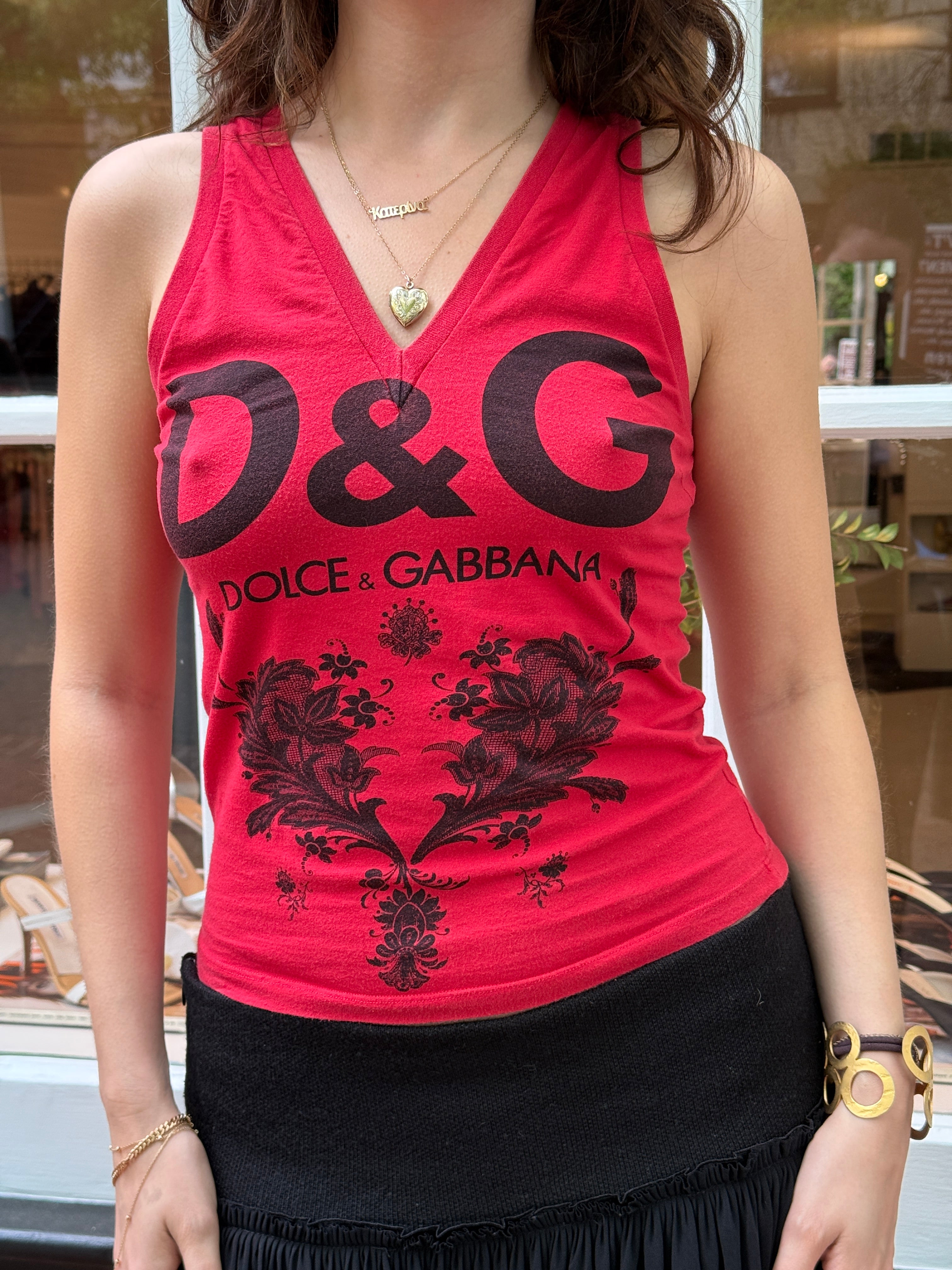 D&G Dolce & Gabbana Red Logo Lace Print Tank Top - M