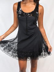 Phard 2000s Black Sequin Bodice Mesh Dress with Lace Hem - S/M