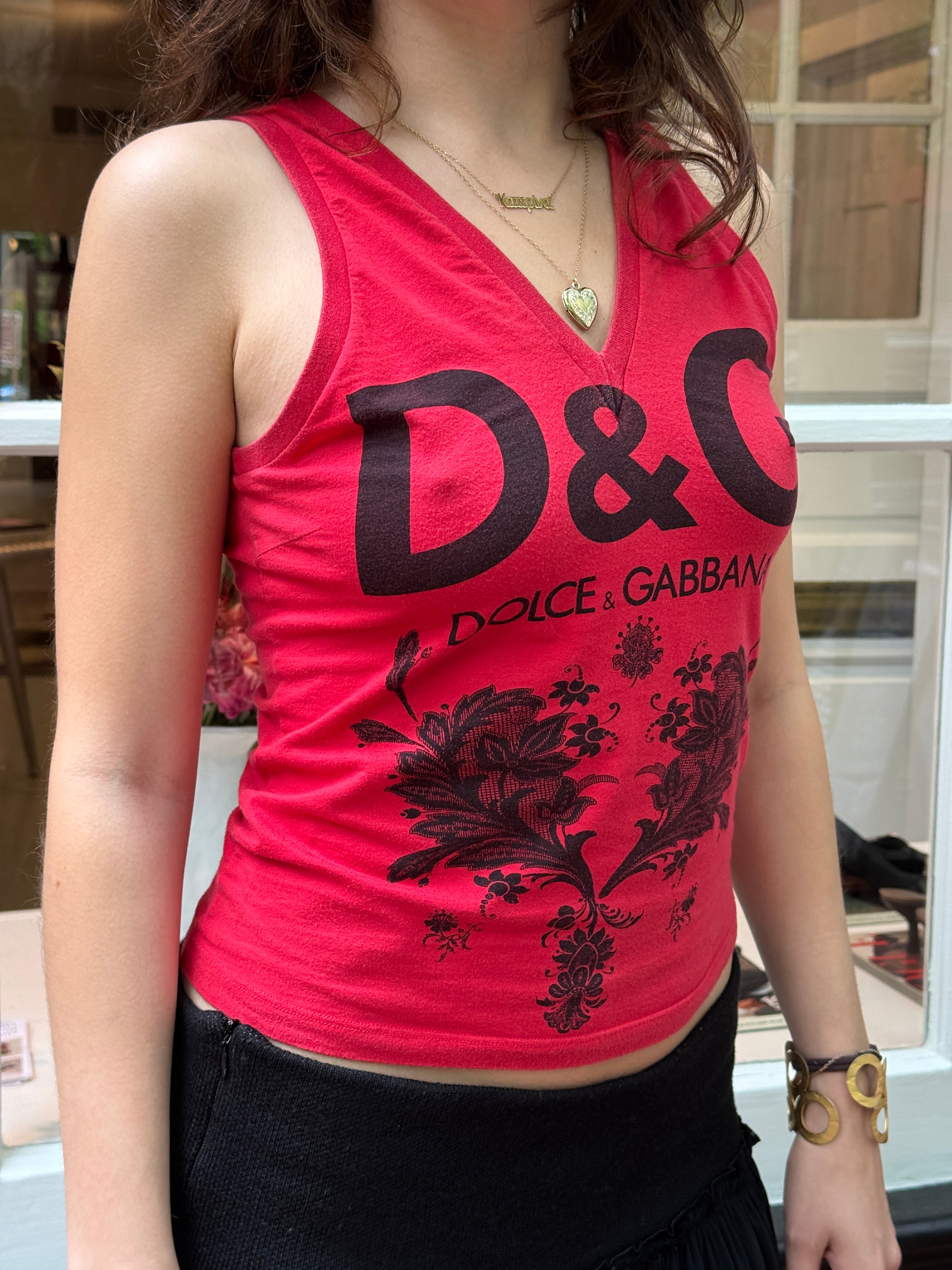 D&G Dolce & Gabbana Red Logo Lace Print Tank Top - M
