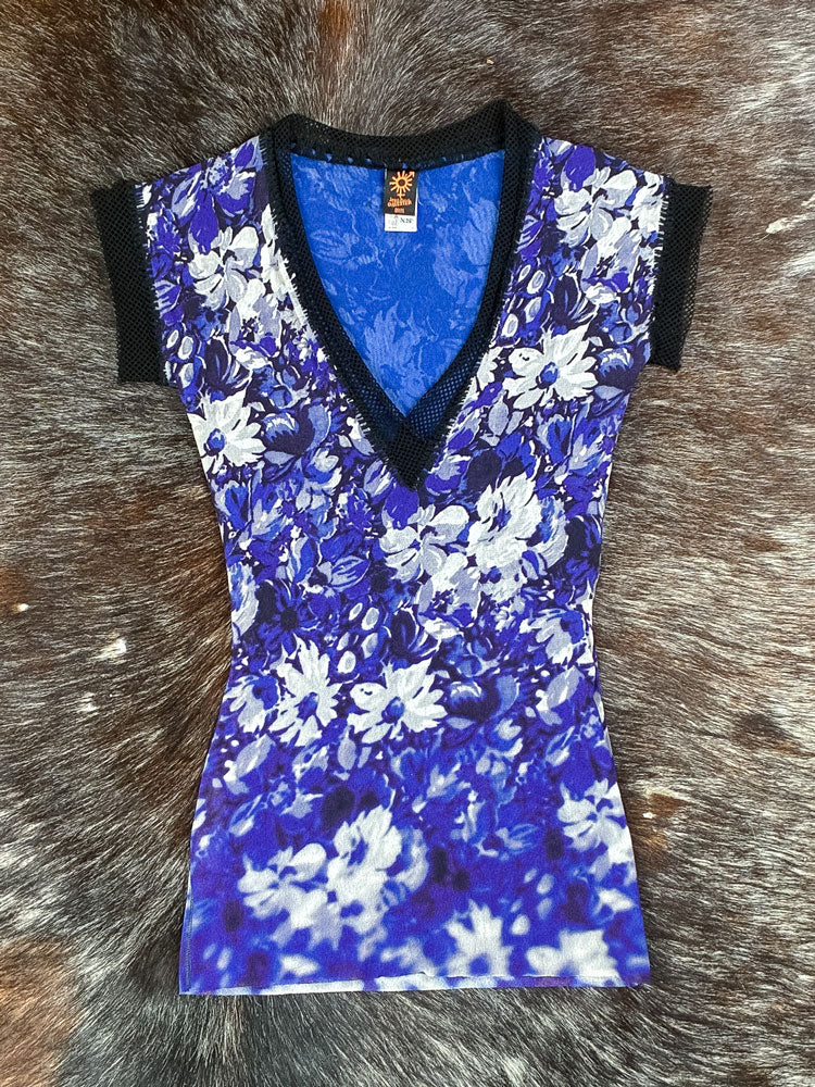Jean Paul Gaultier Soleil 2000s Blue Floral Mesh Top