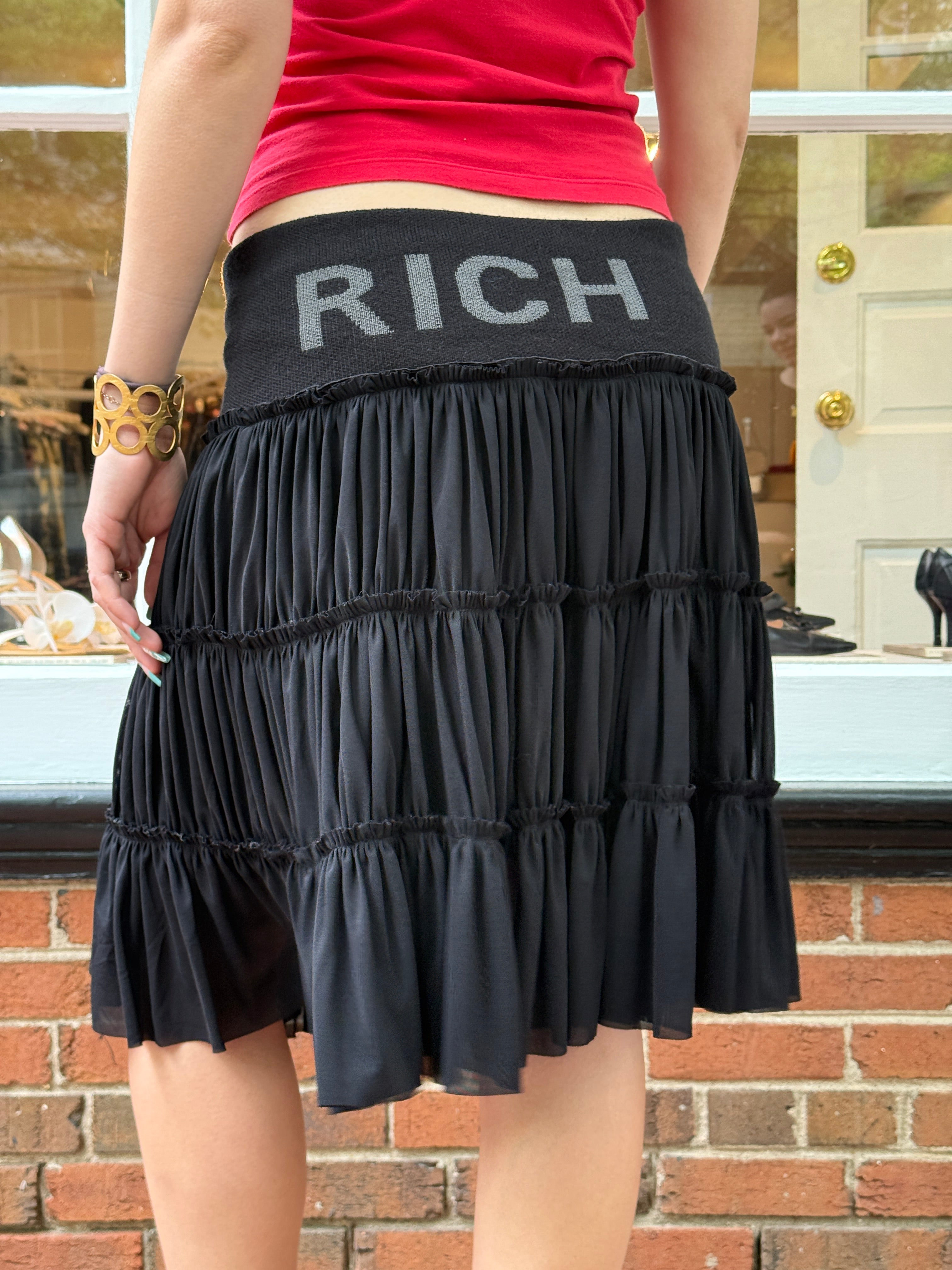 Richmond Denim 2000s Black RICH Logo Tiered Ruffle Skirt - M/L