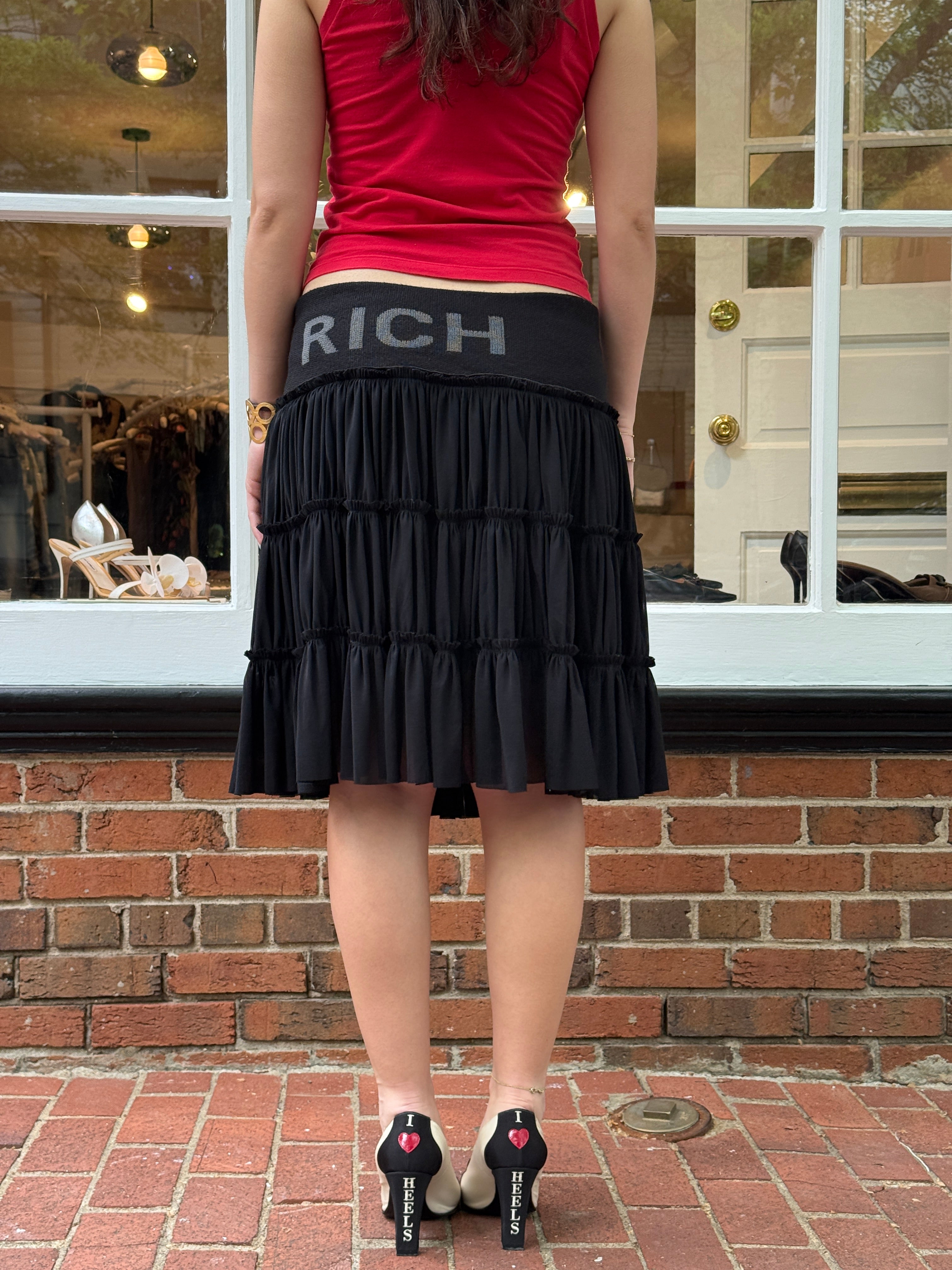 Richmond Denim 2000s Black RICH Logo Tiered Ruffle Skirt - M/L