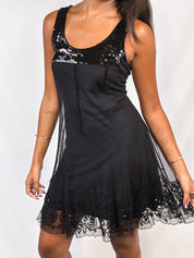 Phard 2000s Black Sequin Bodice Mesh Dress with Lace Hem - S/M