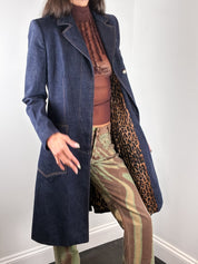 Dolce & Gabbana 1990s Indigo Denim Leopard Lined Long Coat - M