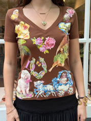 Christian Dior 2000s Brown Cherub Graphic V-Neck Tee - S