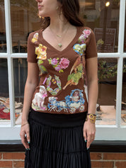 Christian Dior 2000s Brown Cherub Graphic V-Neck Tee - S