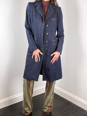 Dolce & Gabbana 1990s Indigo Denim Leopard Lined Long Coat - M