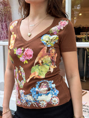 Christian Dior 2000s Brown Cherub Graphic V-Neck Tee - S