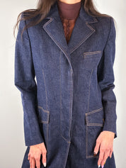 Dolce & Gabbana 1990s Indigo Denim Leopard Lined Long Coat - M