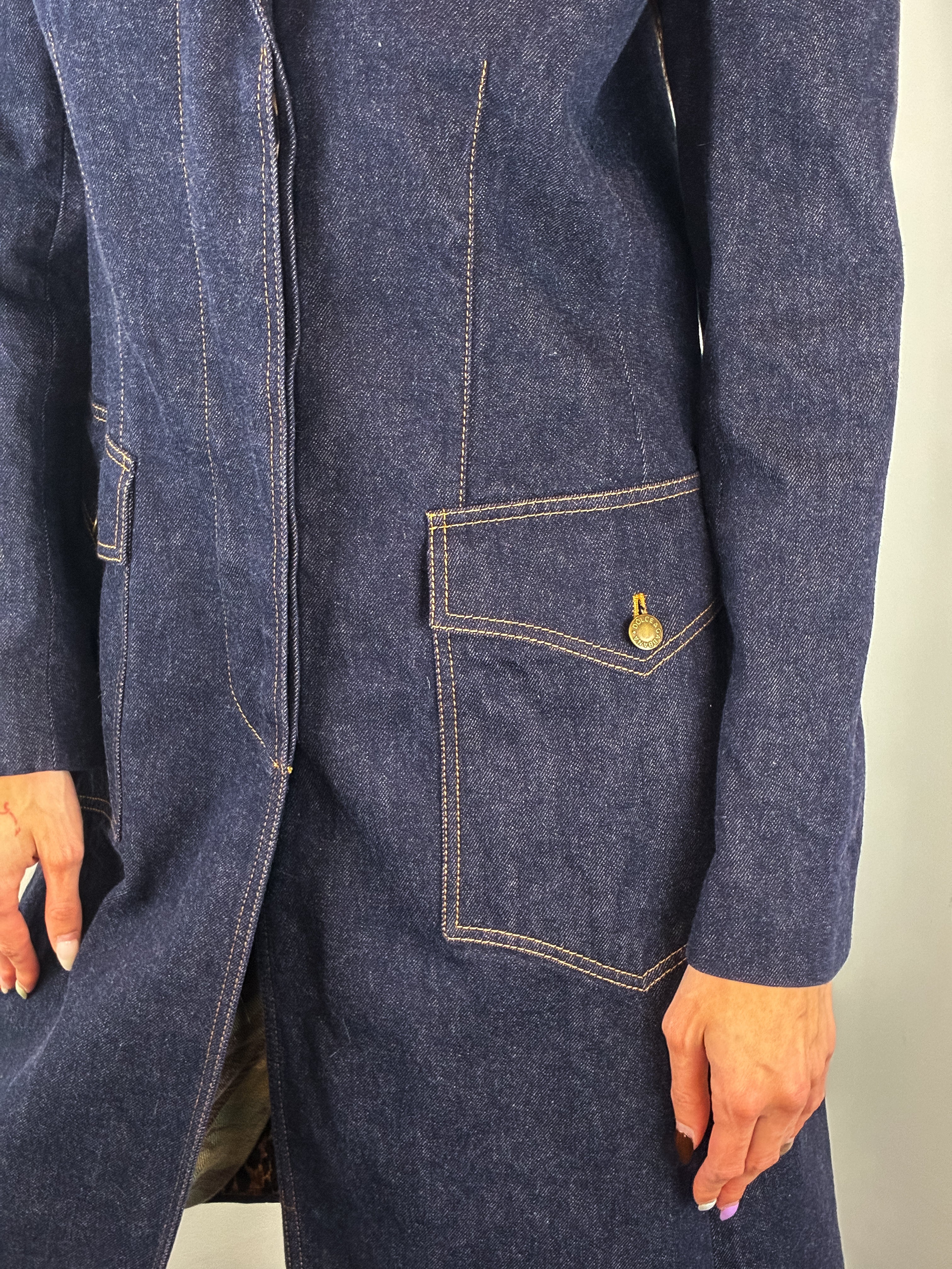 Dolce & Gabbana 1990s Indigo Denim Leopard Lined Long Coat - M