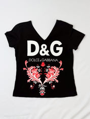 D&G Dolce & Gabbana 2000s Black Logo Floral Graphic Tee - S