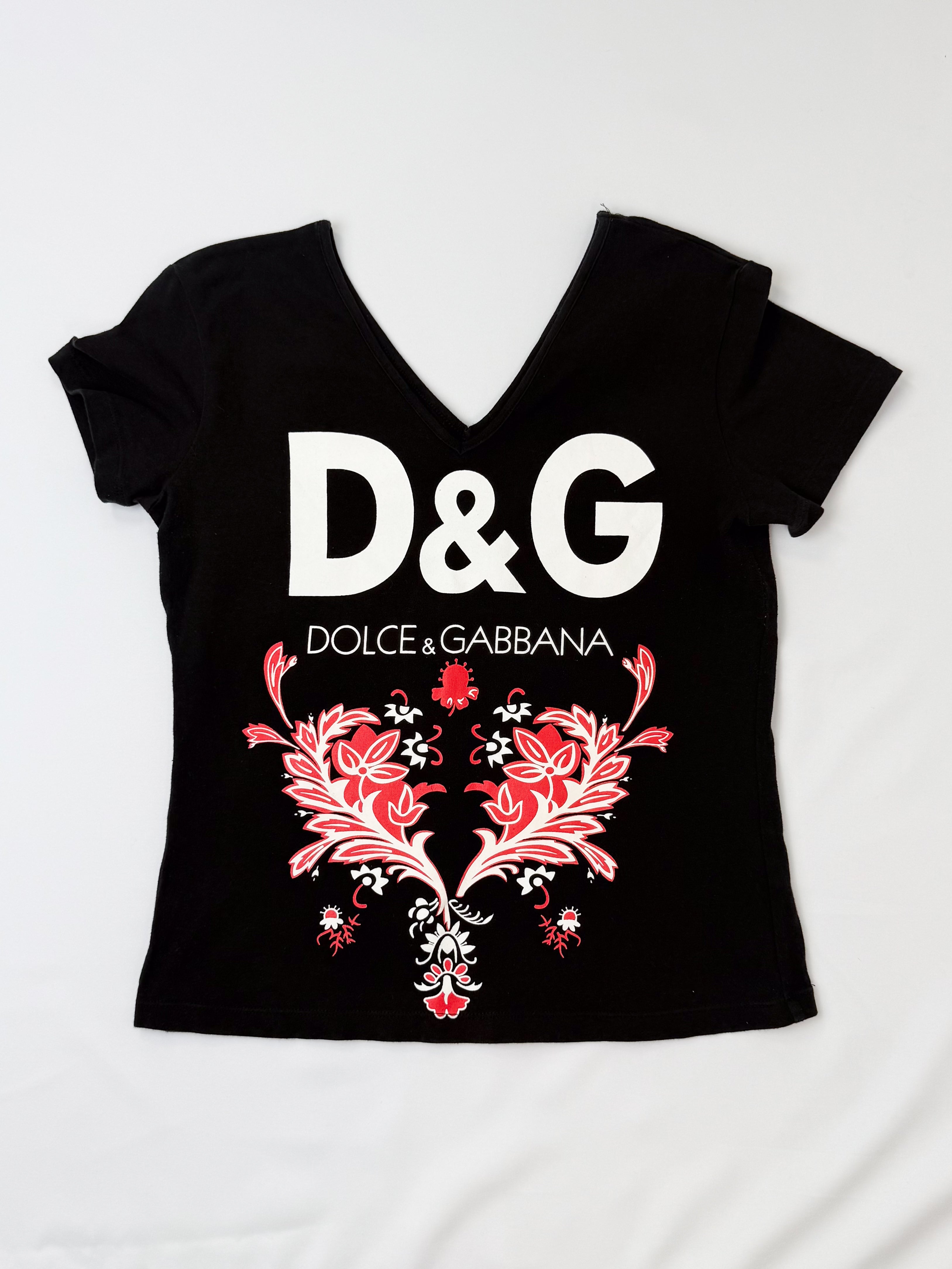 D&G Dolce & Gabbana 2000s Black Logo Floral Graphic Tee - S
