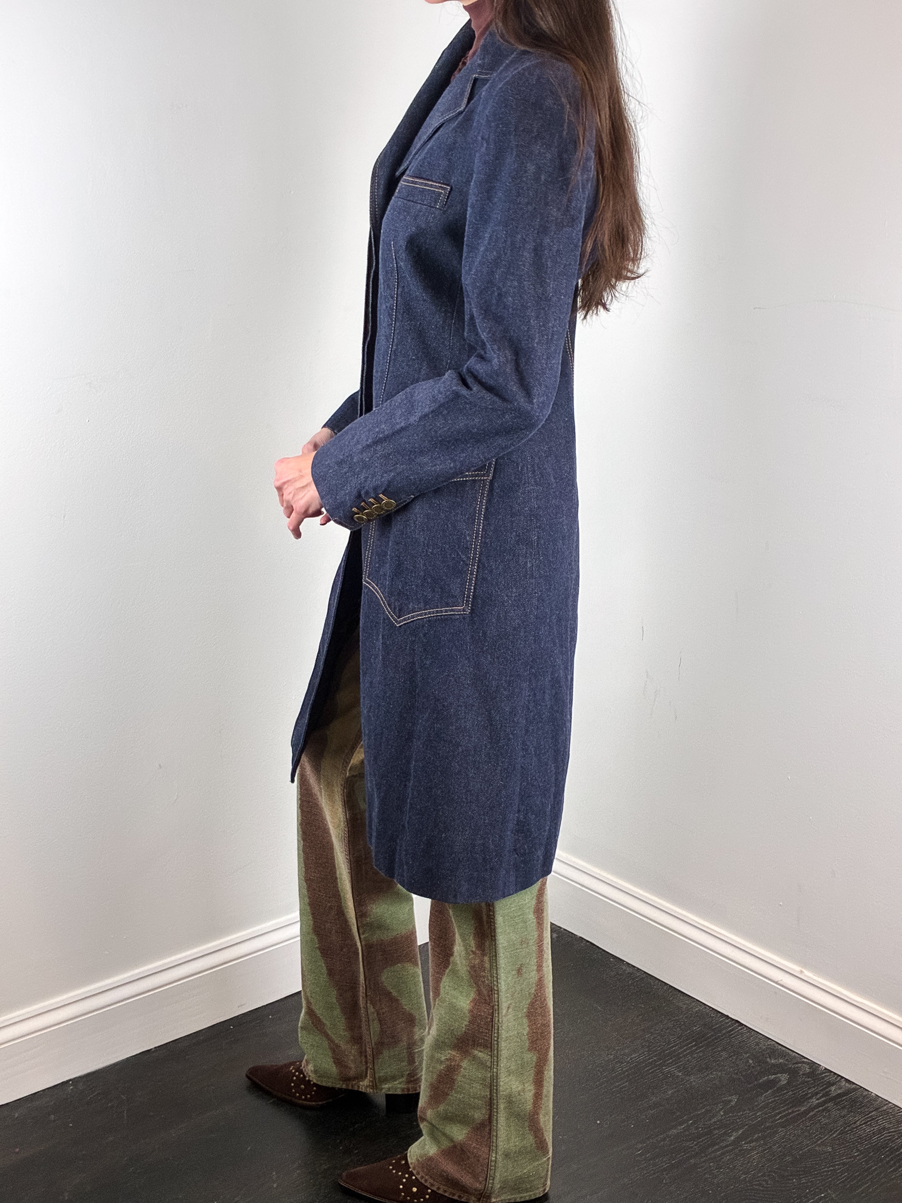Dolce & Gabbana 1990s Indigo Denim Leopard Lined Long Coat - M