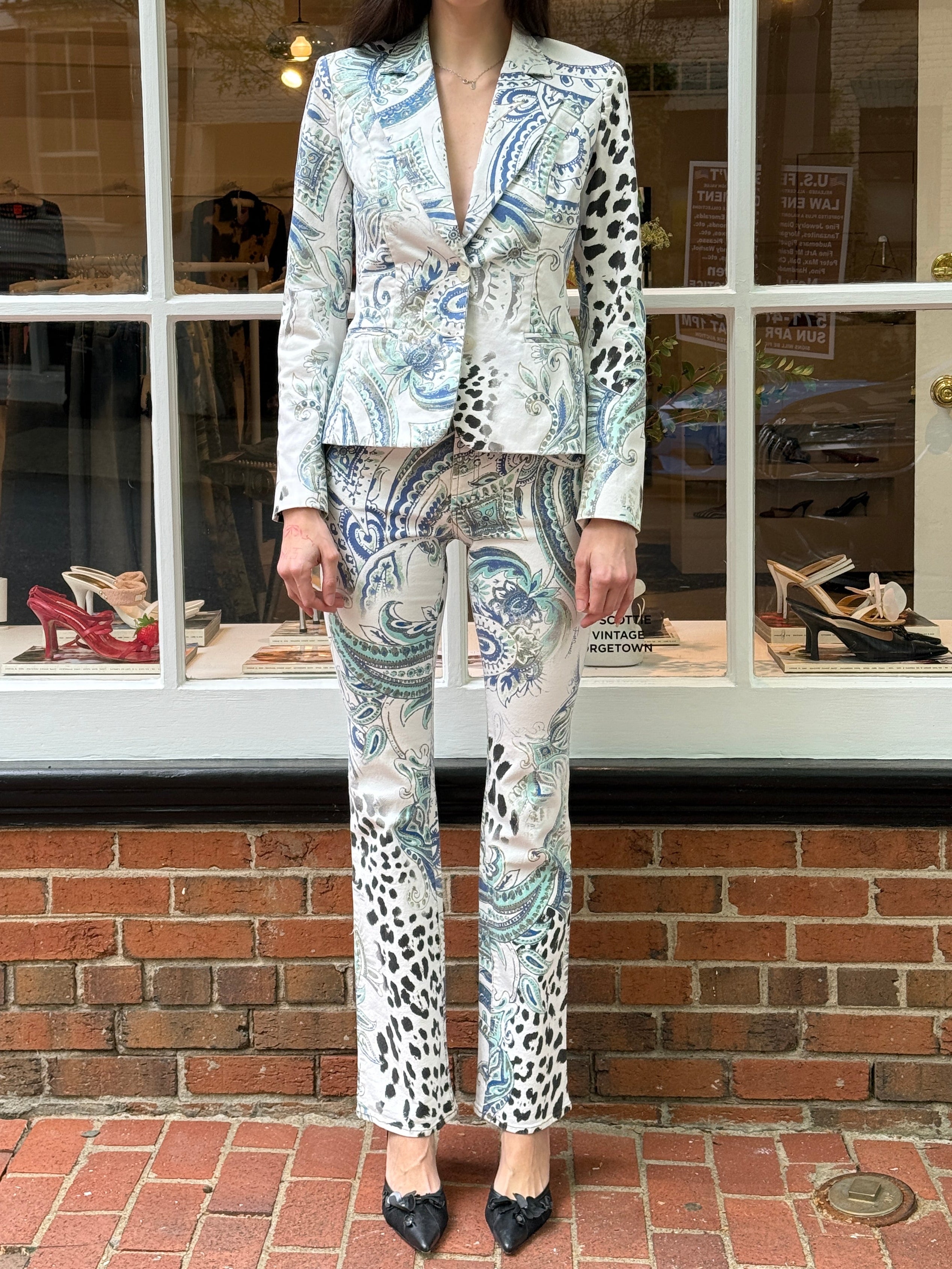 Just Cavalli 2000s Baroque Cheetah Print Blazer & Straight Leg Pant Set – Top M / W27