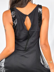 Phard 2000s Black Sequin Bodice Mesh Dress with Lace Hem - S/M