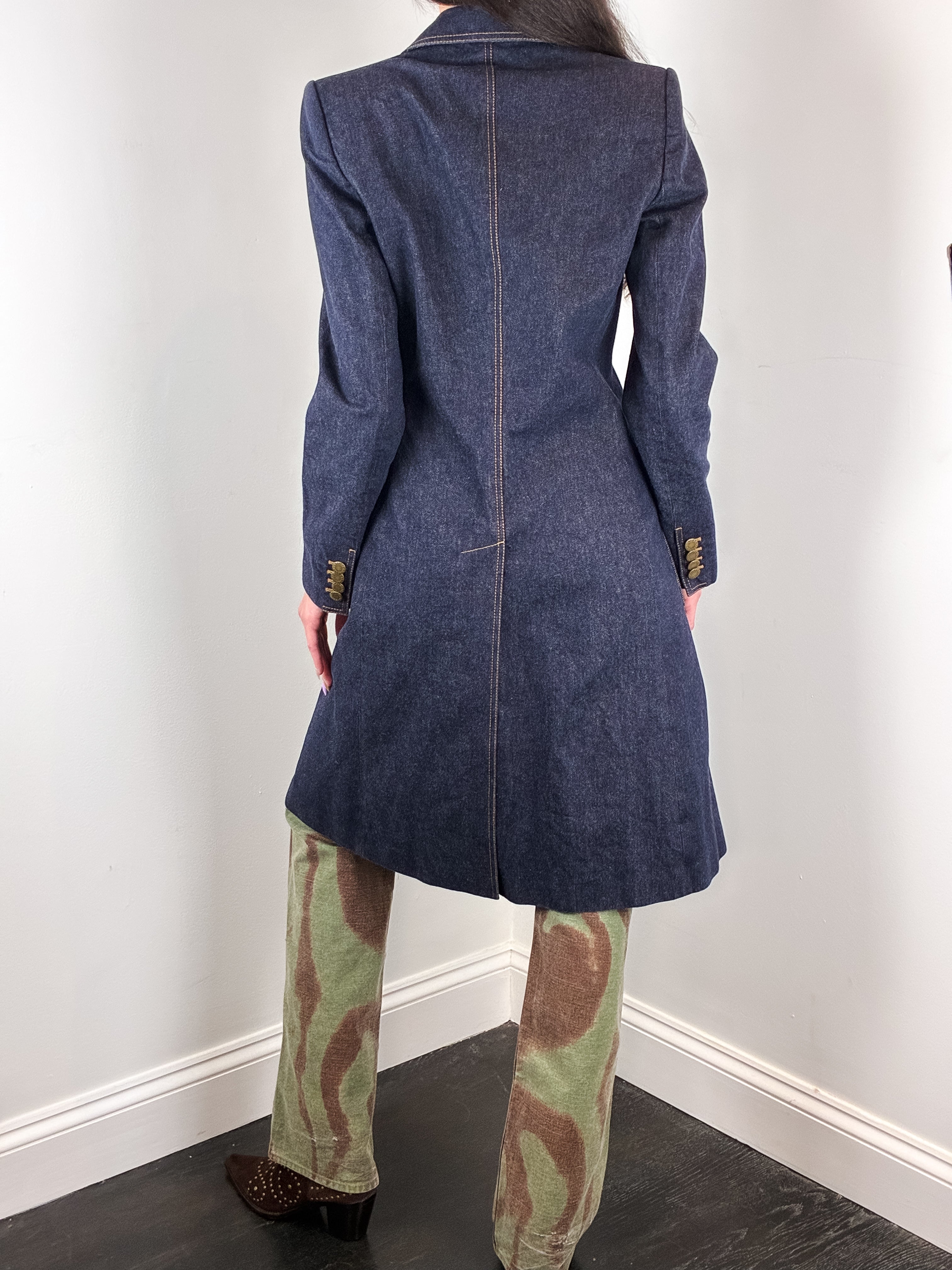 Dolce & Gabbana 1990s Indigo Denim Leopard Lined Long Coat - M