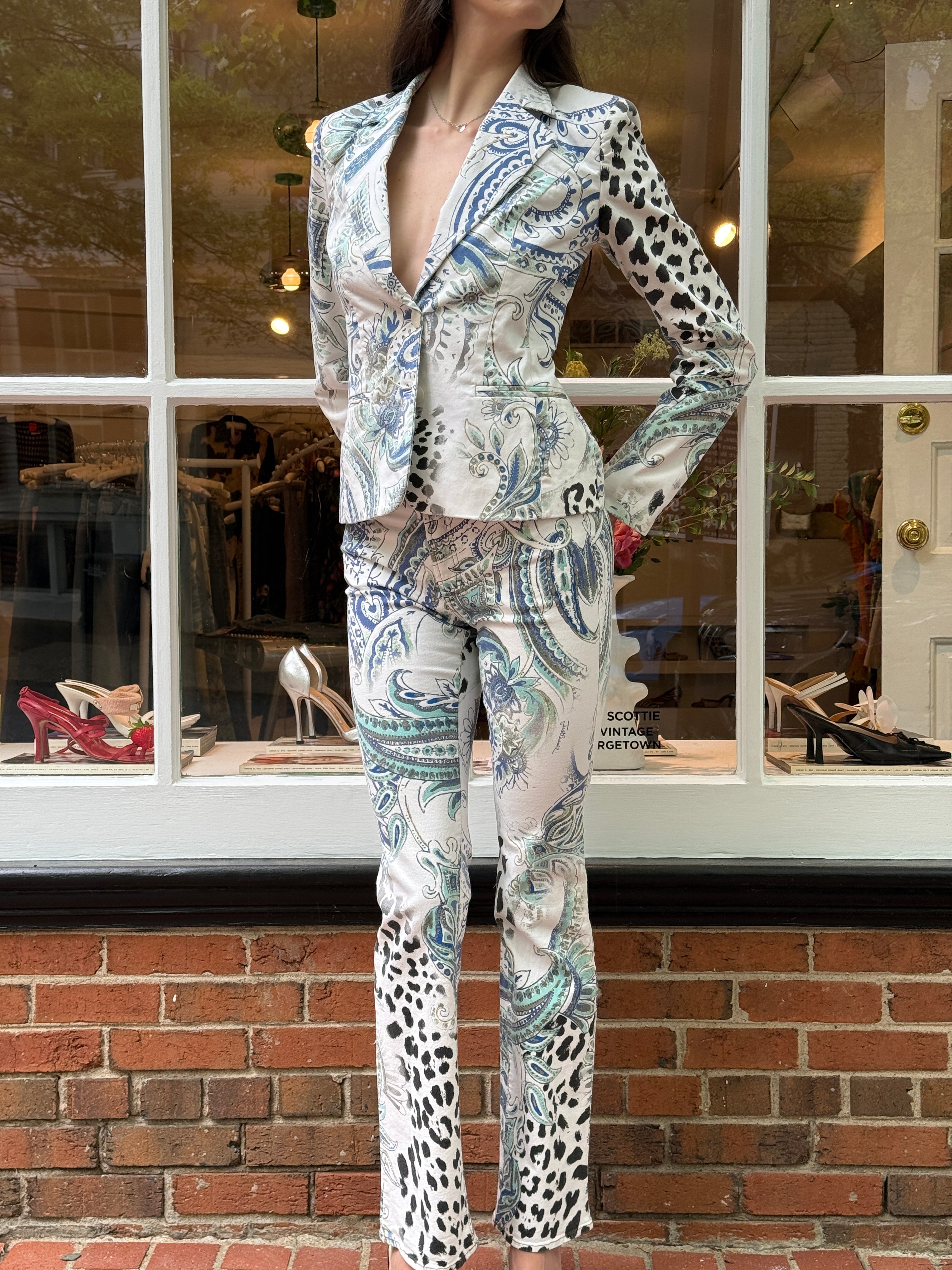Just Cavalli 2000s Baroque Cheetah Print Blazer & Straight Leg Pant Set – Top M / W27