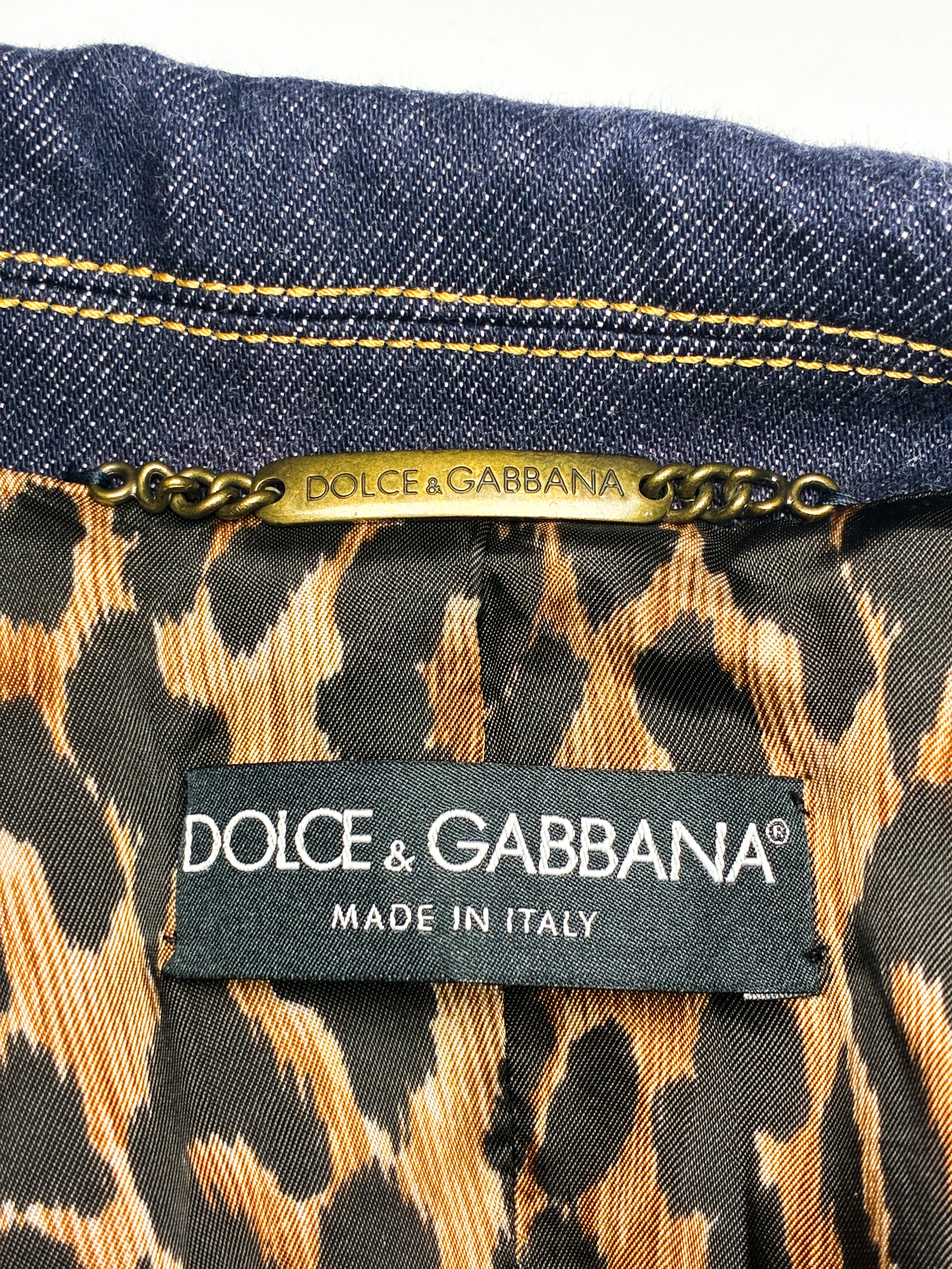Dolce & Gabbana 1990s Indigo Denim Leopard Lined Long Coat - M