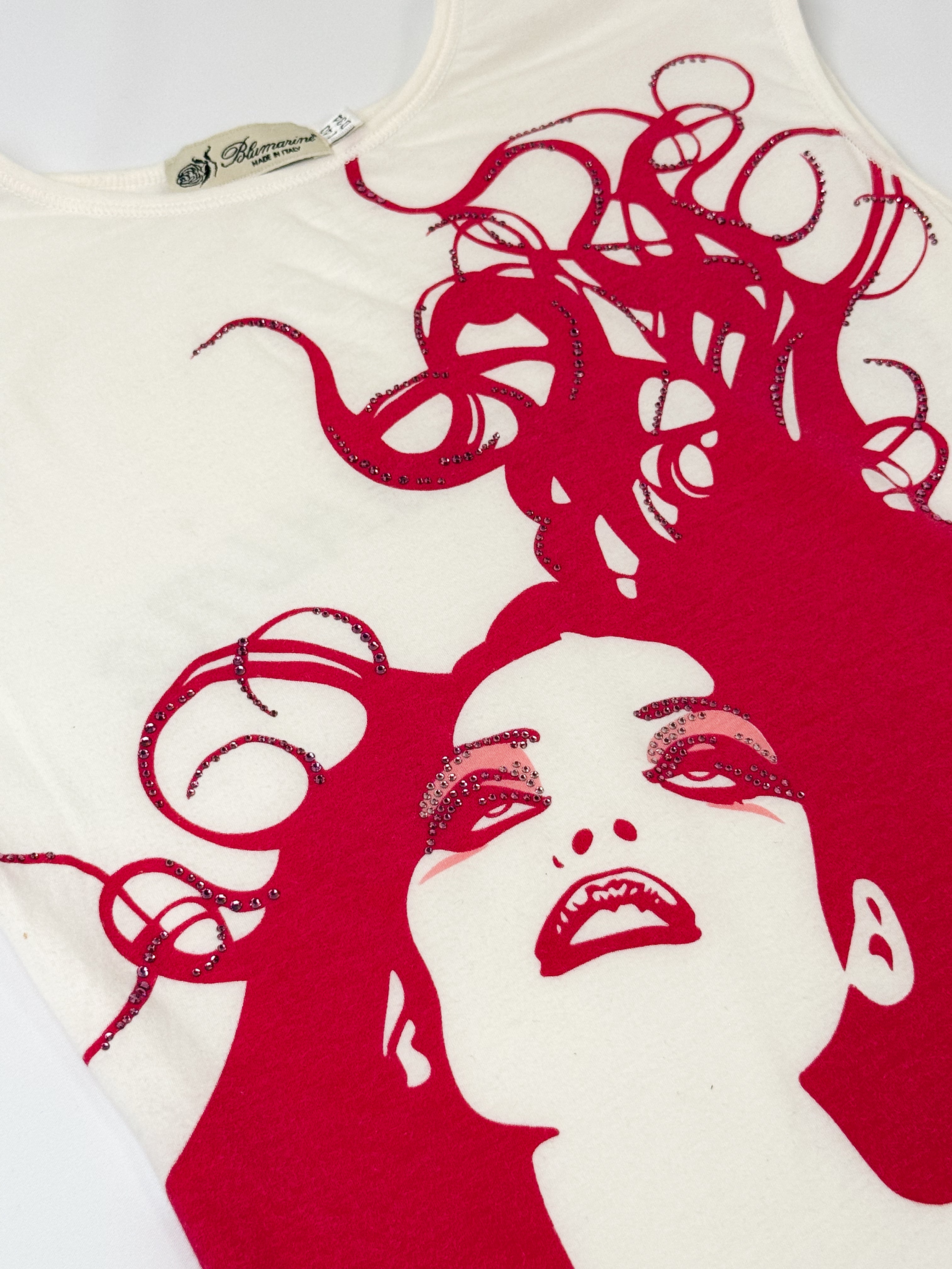 Blumarine 2000s White Graphic Tank with Red Wild Hair Woman - XS/S