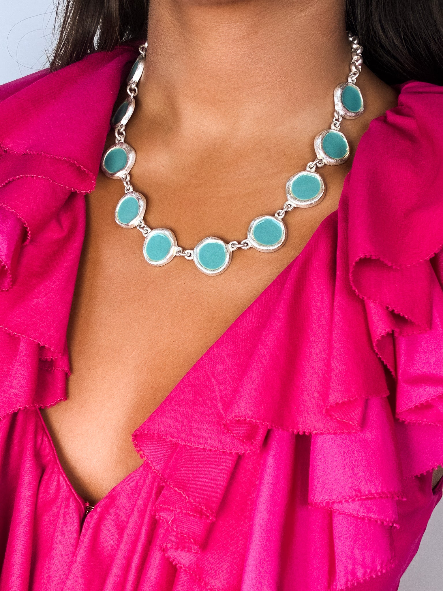 Biche de Bere Paris 2000s Turquoise Enamel Disc Link Necklace & Bracelet Set