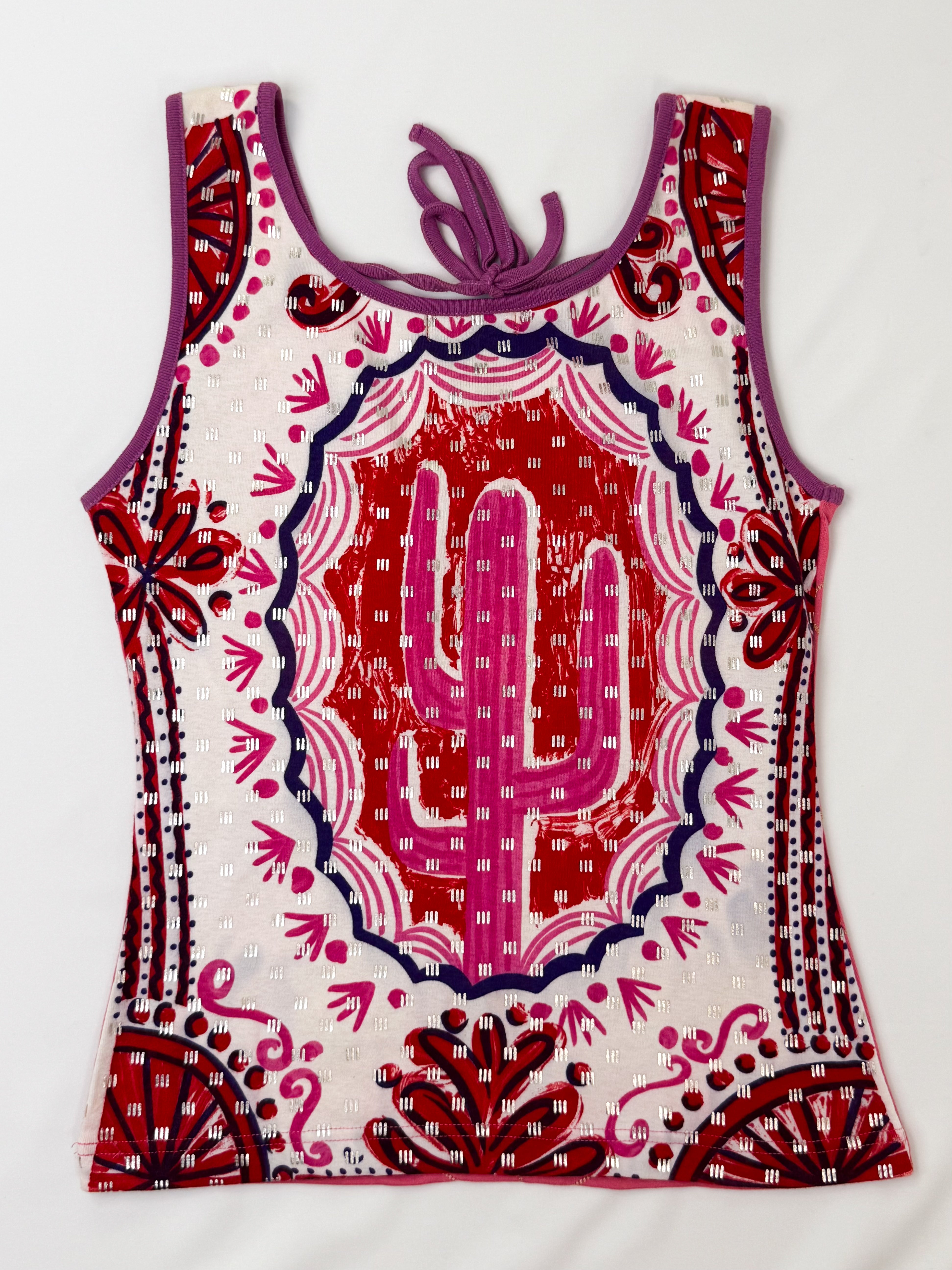 Custo Barcelona 2000s Pink Embroidered Floral Tank with Cactus - S/M