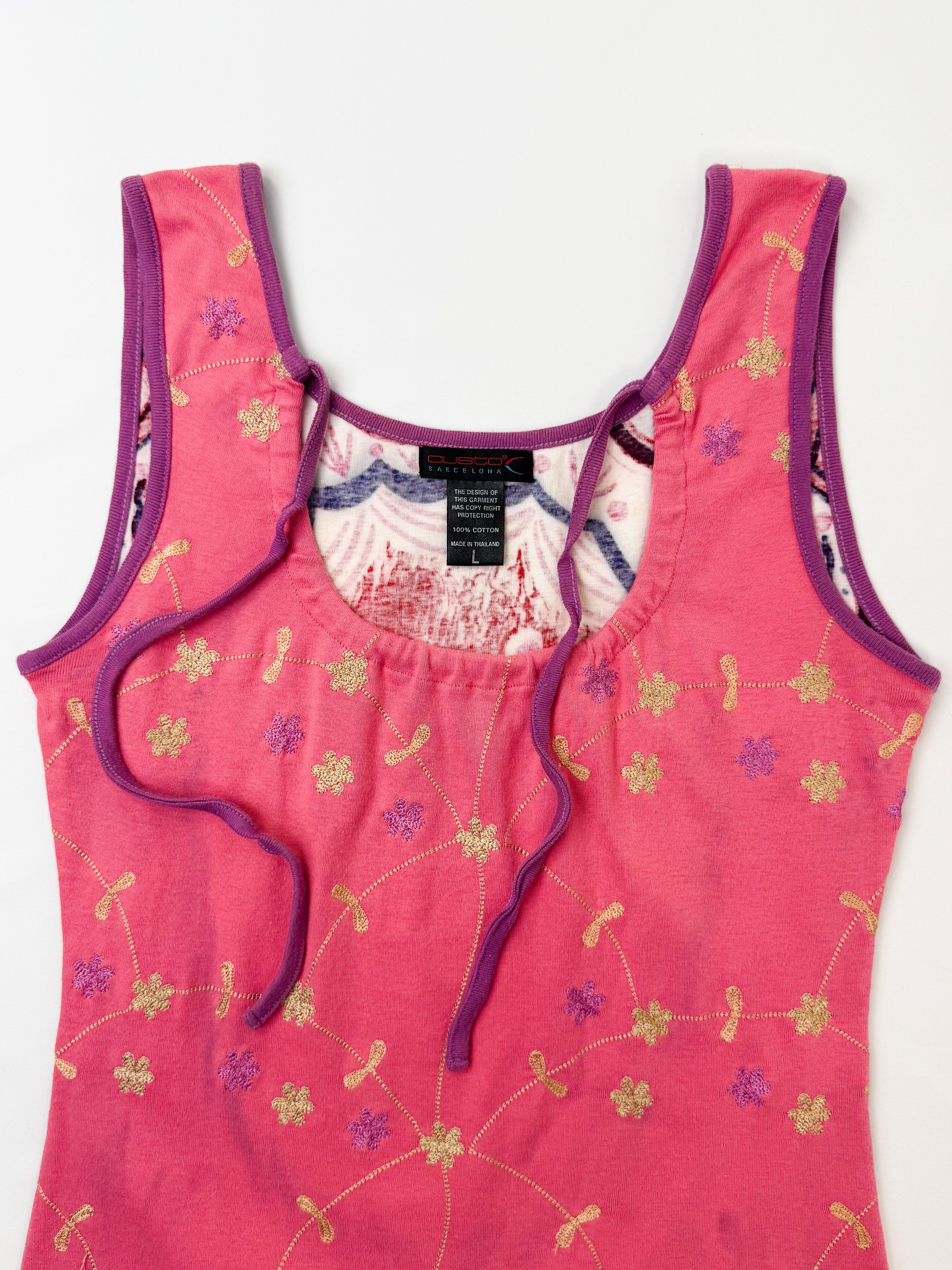 Custo Barcelona 2000s Pink Embroidered Floral Tank with Cactus - S/M