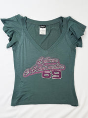 D&G Dolce & Gabbana 2000s Teal Ruffle Sleeve Italian Slogan Graphic Tee - S/M