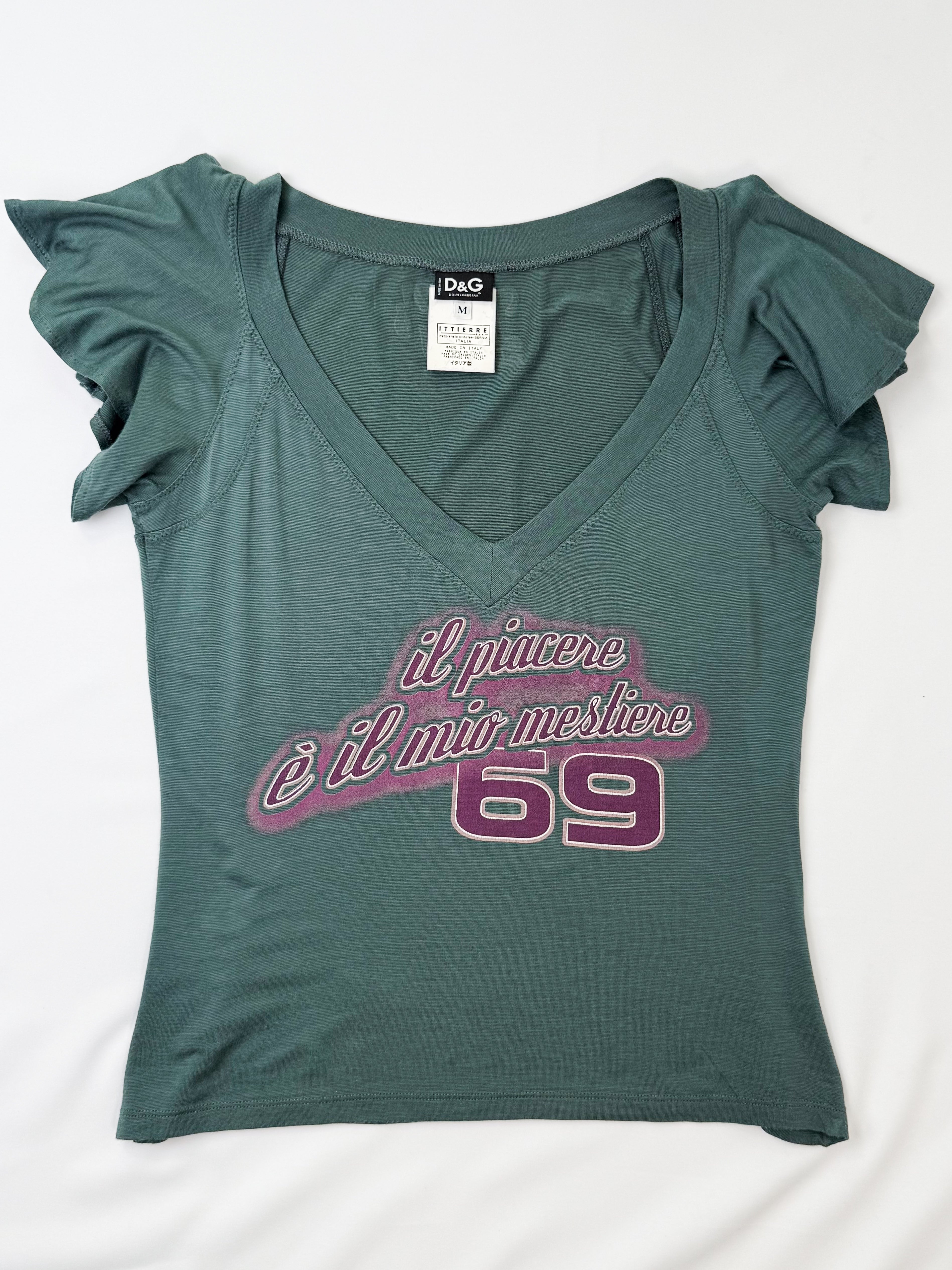 D&G Dolce & Gabbana 2000s Teal Ruffle Sleeve Italian Slogan Graphic Tee - S/M