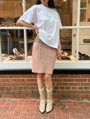 Patrizia Pepe Sera 2000s Blush Feather-Fringe Pencil Skirt with Beaded Waistband - M