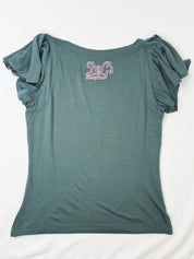 D&G Dolce & Gabbana 2000s Teal Ruffle Sleeve Italian Slogan Graphic Tee - S/M