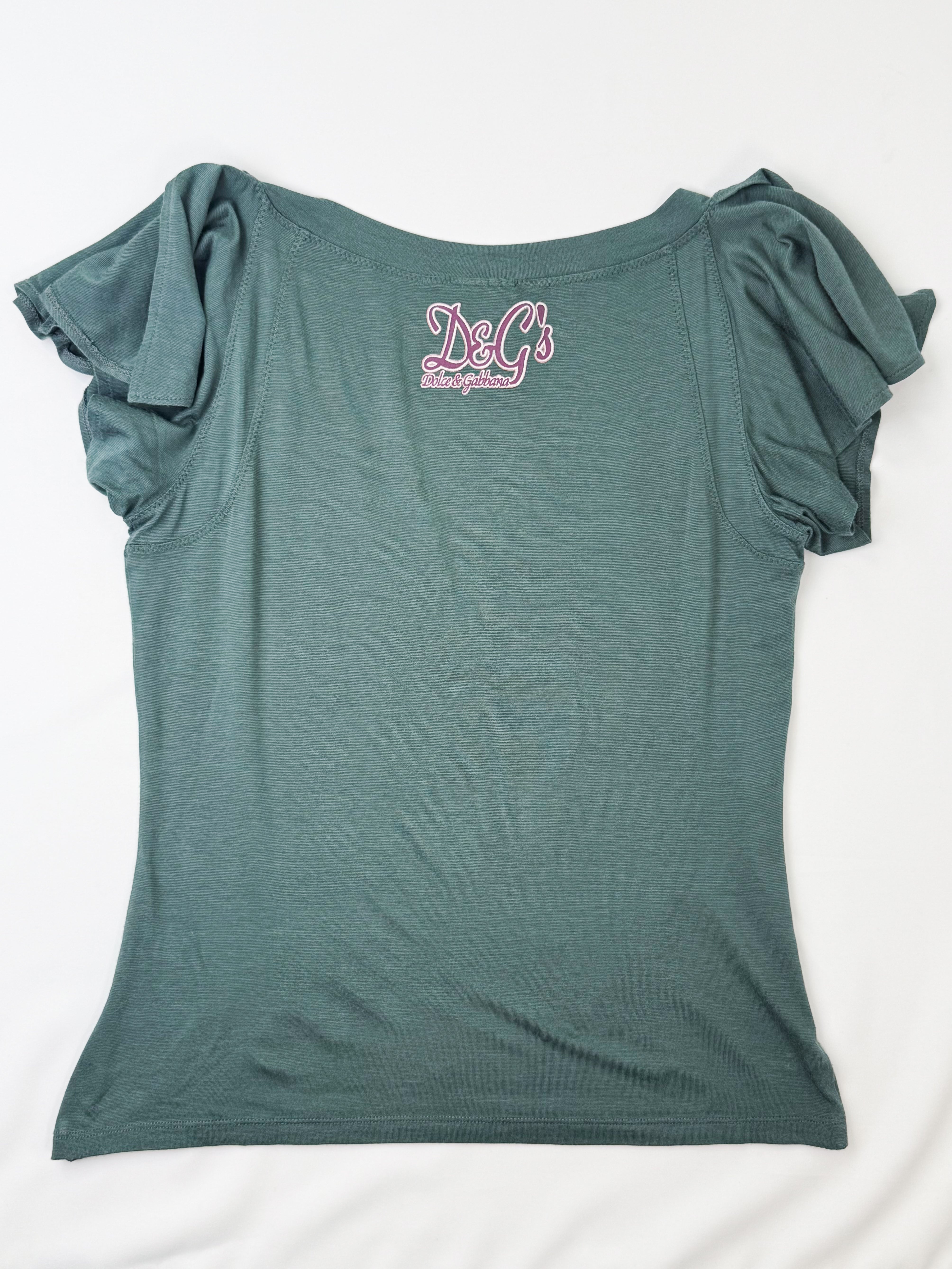 D&G Dolce & Gabbana 2000s Teal Ruffle Sleeve Italian Slogan Graphic Tee - S/M