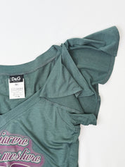 D&G Dolce & Gabbana 2000s Teal Ruffle Sleeve Italian Slogan Graphic Tee - S/M