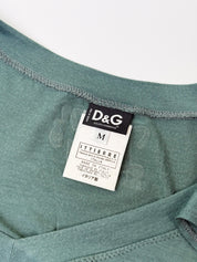 D&G Dolce & Gabbana 2000s Teal Ruffle Sleeve Italian Slogan Graphic Tee - S/M